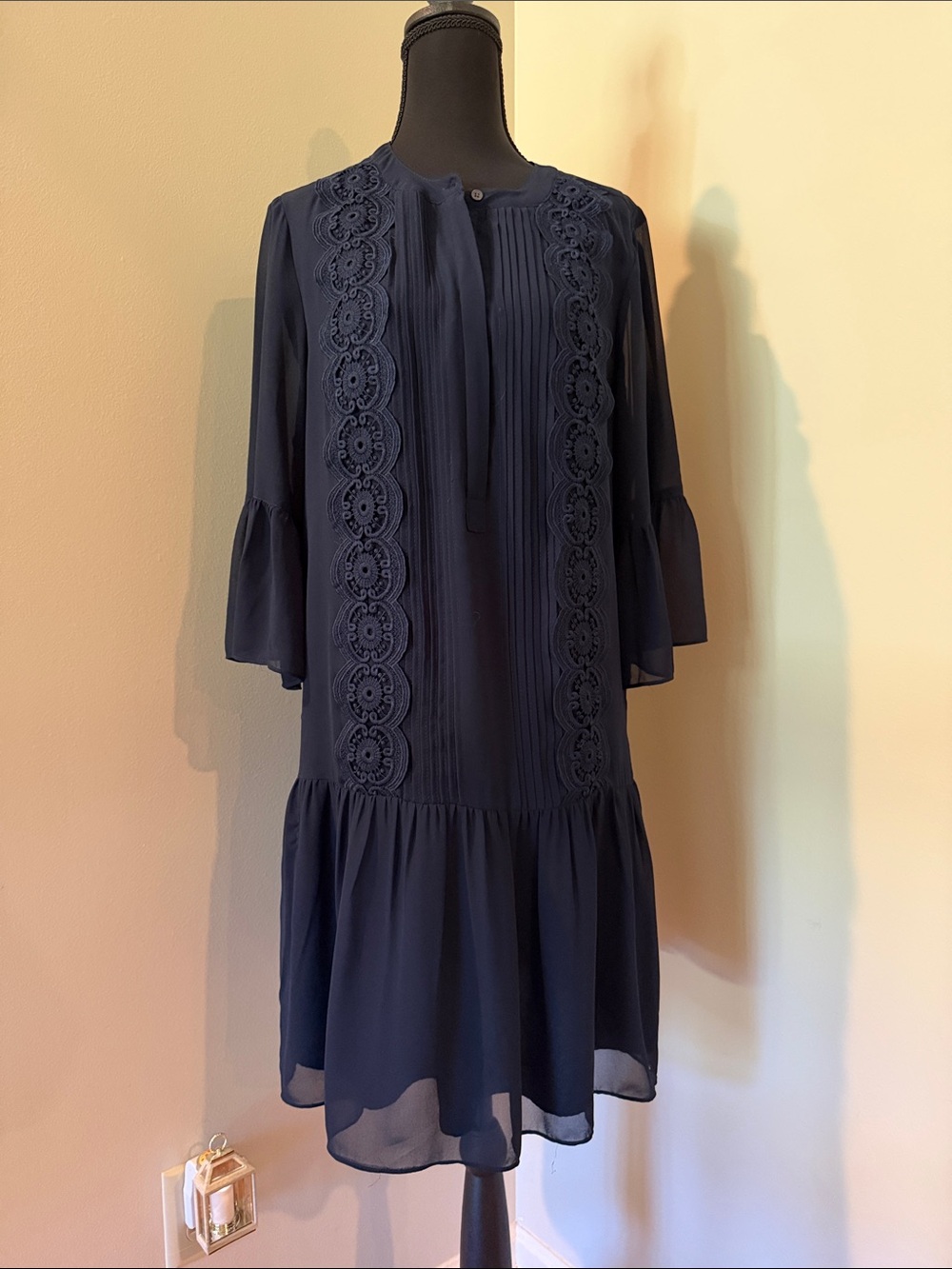 LOFT Navy Crochet-Trim Mini Dress